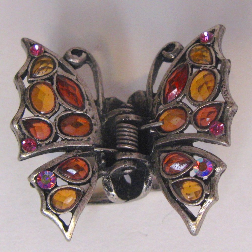 Pink Orange Silver Tone Butterfly Hair Clip Metal